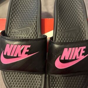 Nike Black Slides with Pink Logo Swoosh